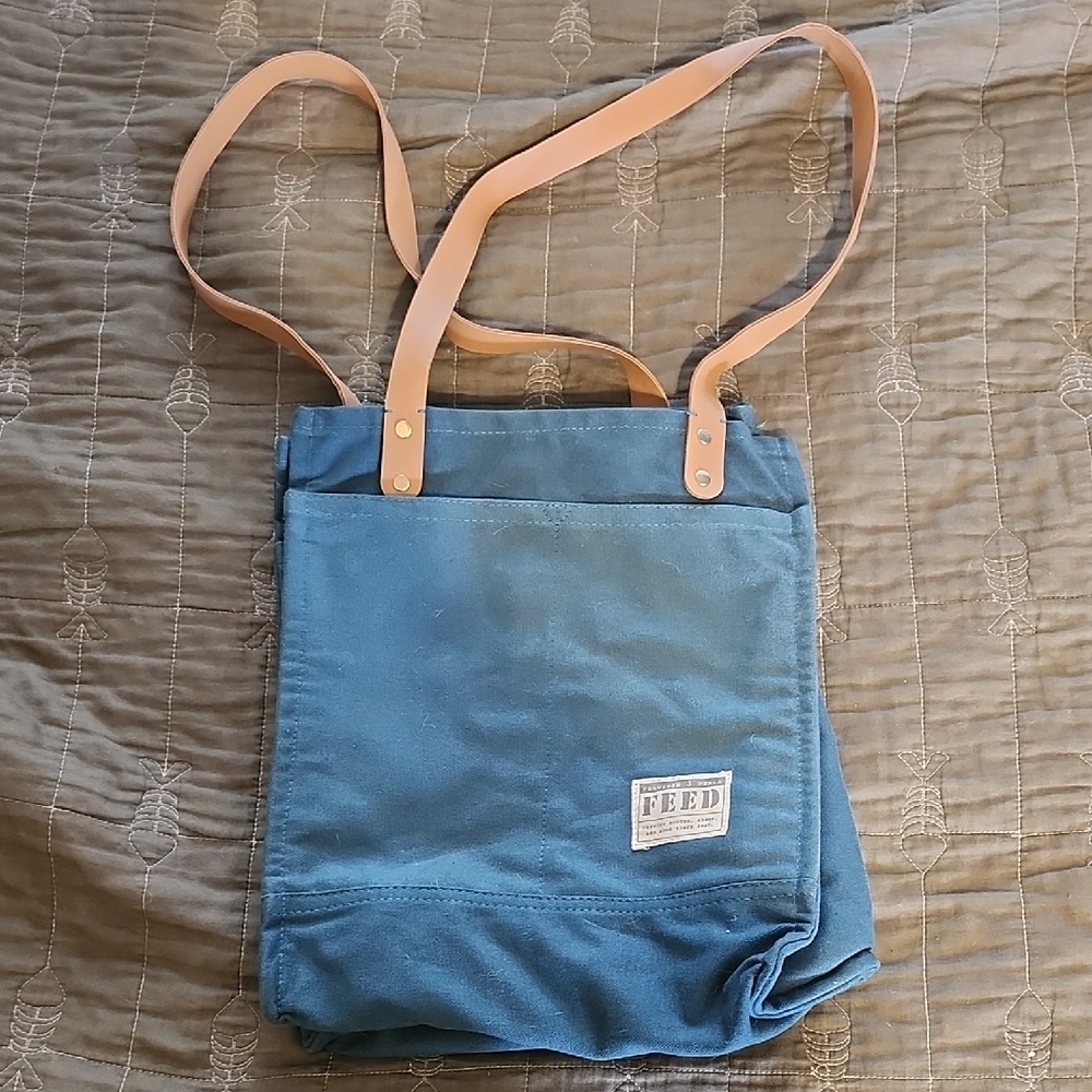 Blue Canvas Tote Bag with Tan Straps